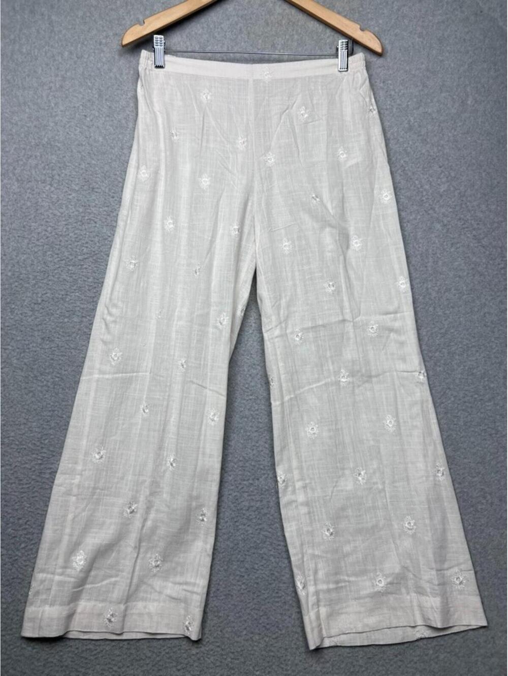 Khaadi Cotton Embroidered Wide Leg Pull On Pants 14 White Boho Resort Summer